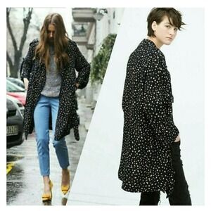 Zara Woman Navy Blue Abstract Floral Print Lightweight Trench Duster Coat M